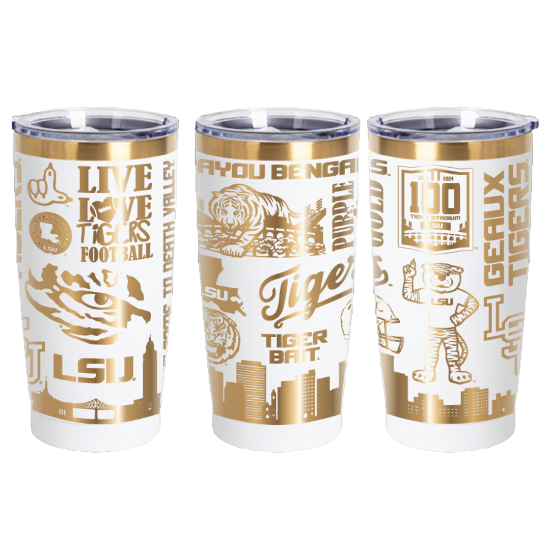 White/Gold Laser Engraved LSU Full Wrap Tumbler