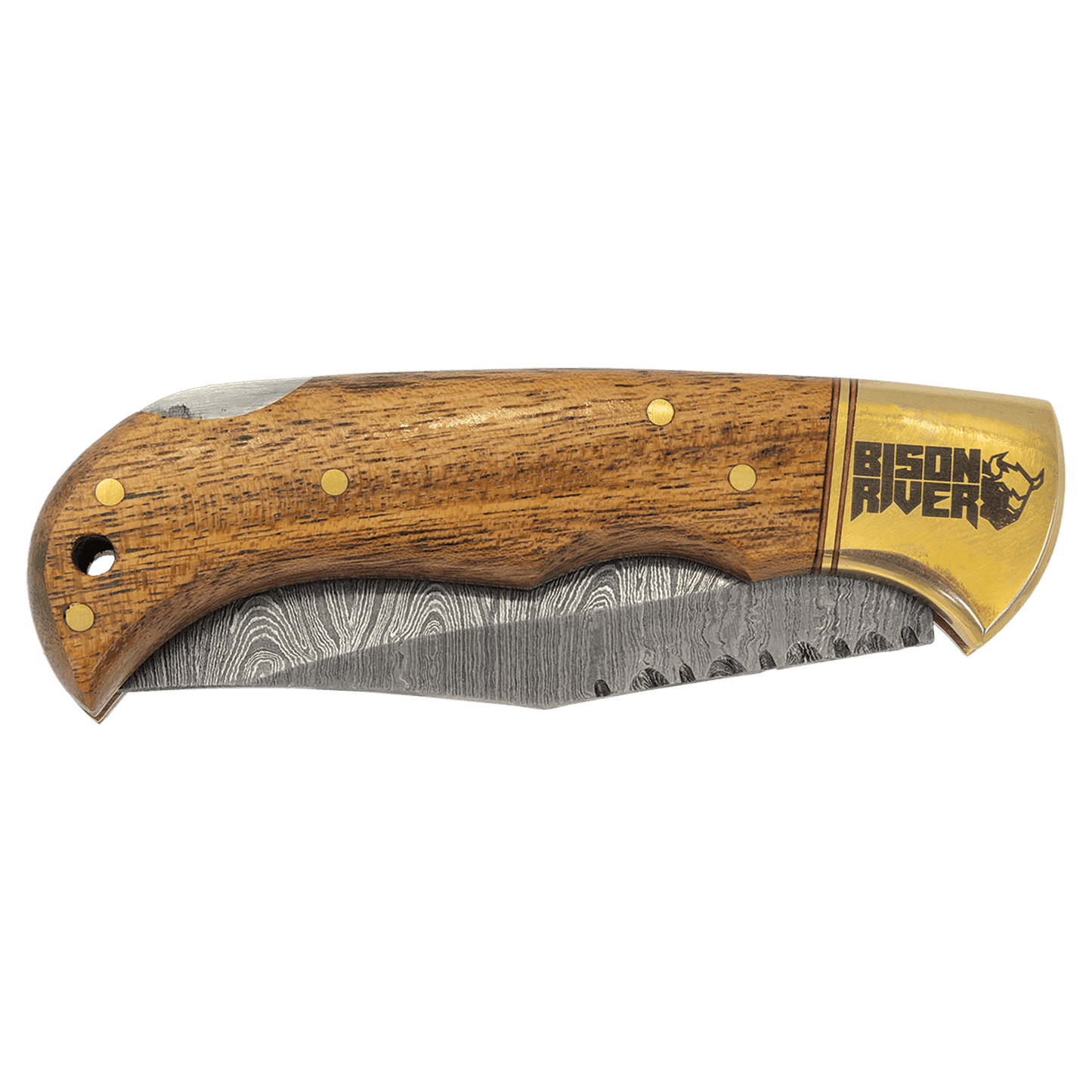 Wood Folding Knife with Damascus Steel Blade and Leather Sheath - 3.75"