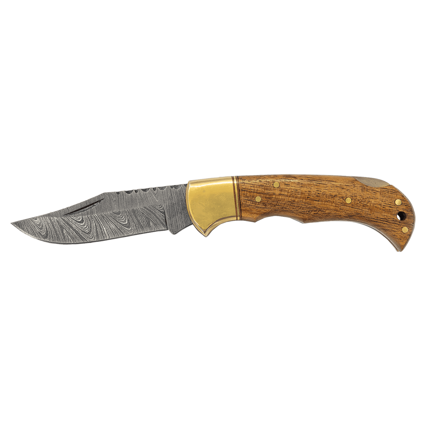 Wood Folding Knife with Damascus Steel Blade and Leather Sheath - 3.75"