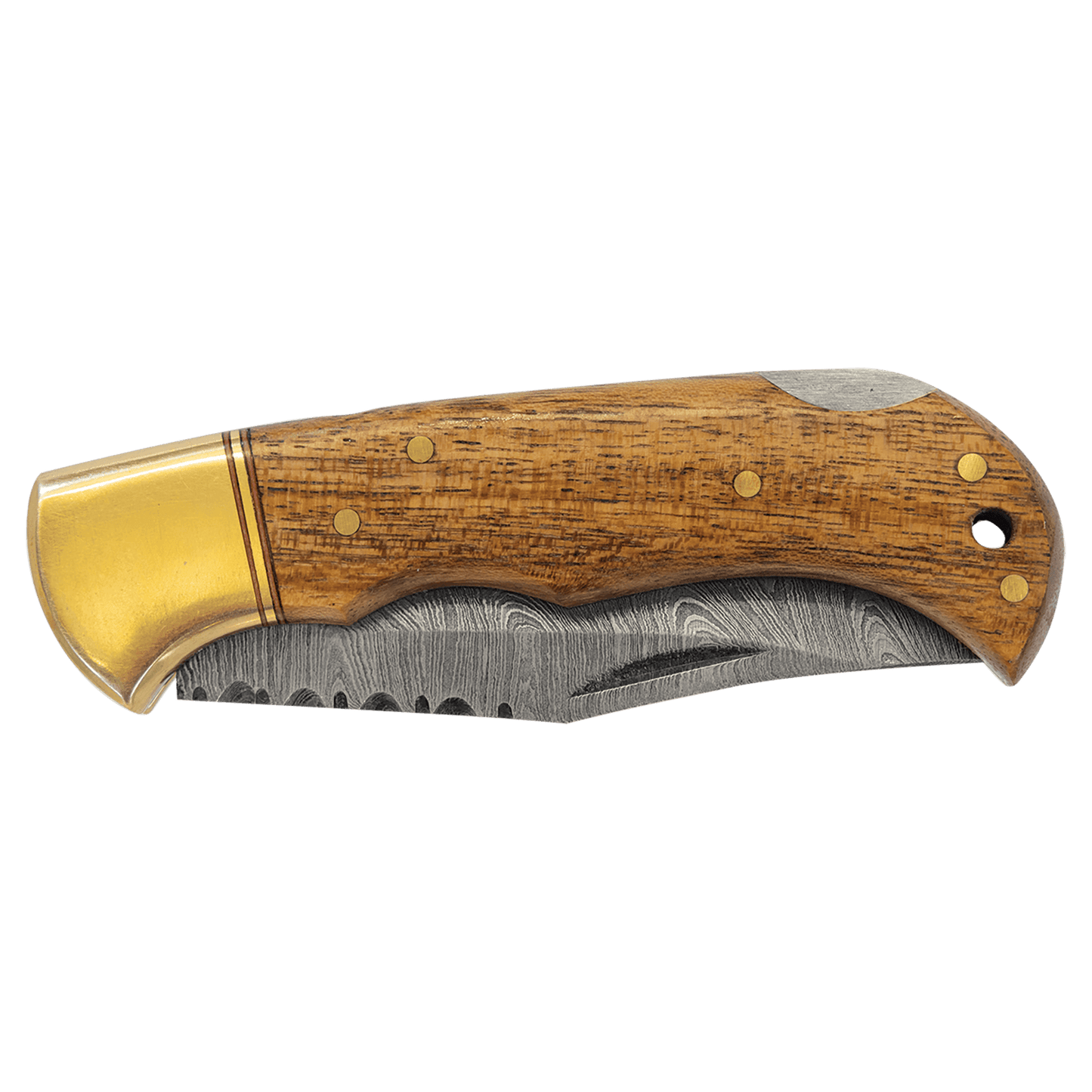 Wood Folding Knife with Damascus Steel Blade and Leather Sheath - 3.75"