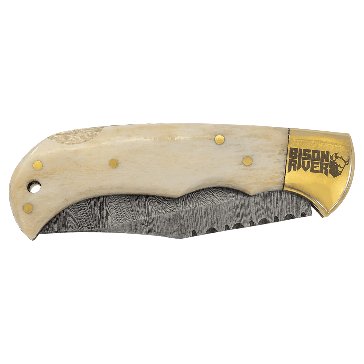 Bone Folding Knife with Damascus Steel Blade and Leather Sheath - 3.75"