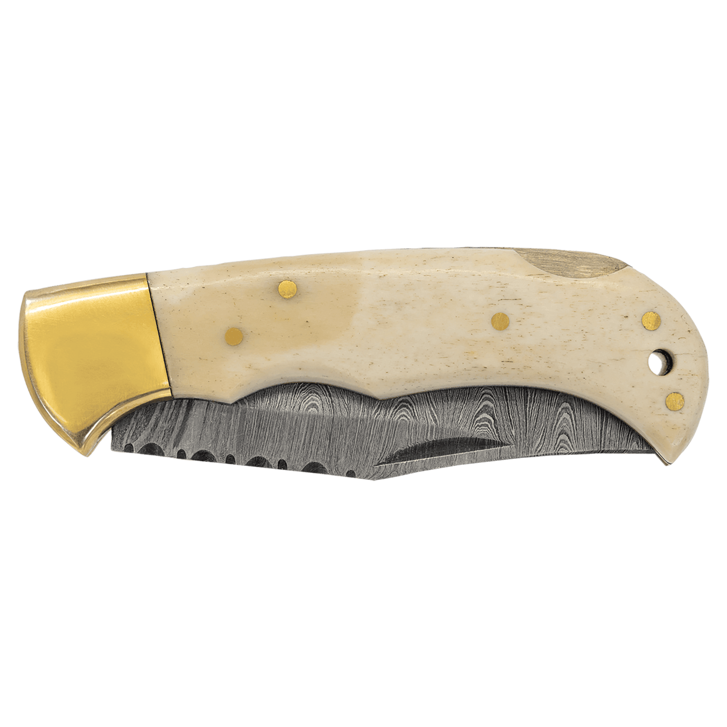 Bone Folding Knife with Damascus Steel Blade and Leather Sheath - 3.75"