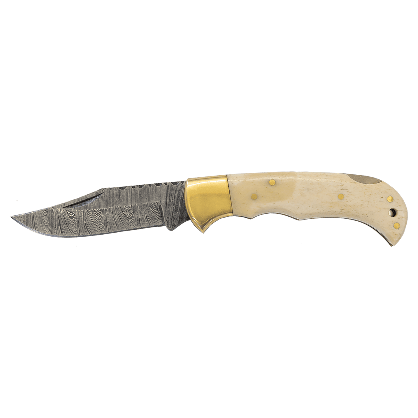 Bone Folding Knife with Damascus Steel Blade and Leather Sheath - 3.75"