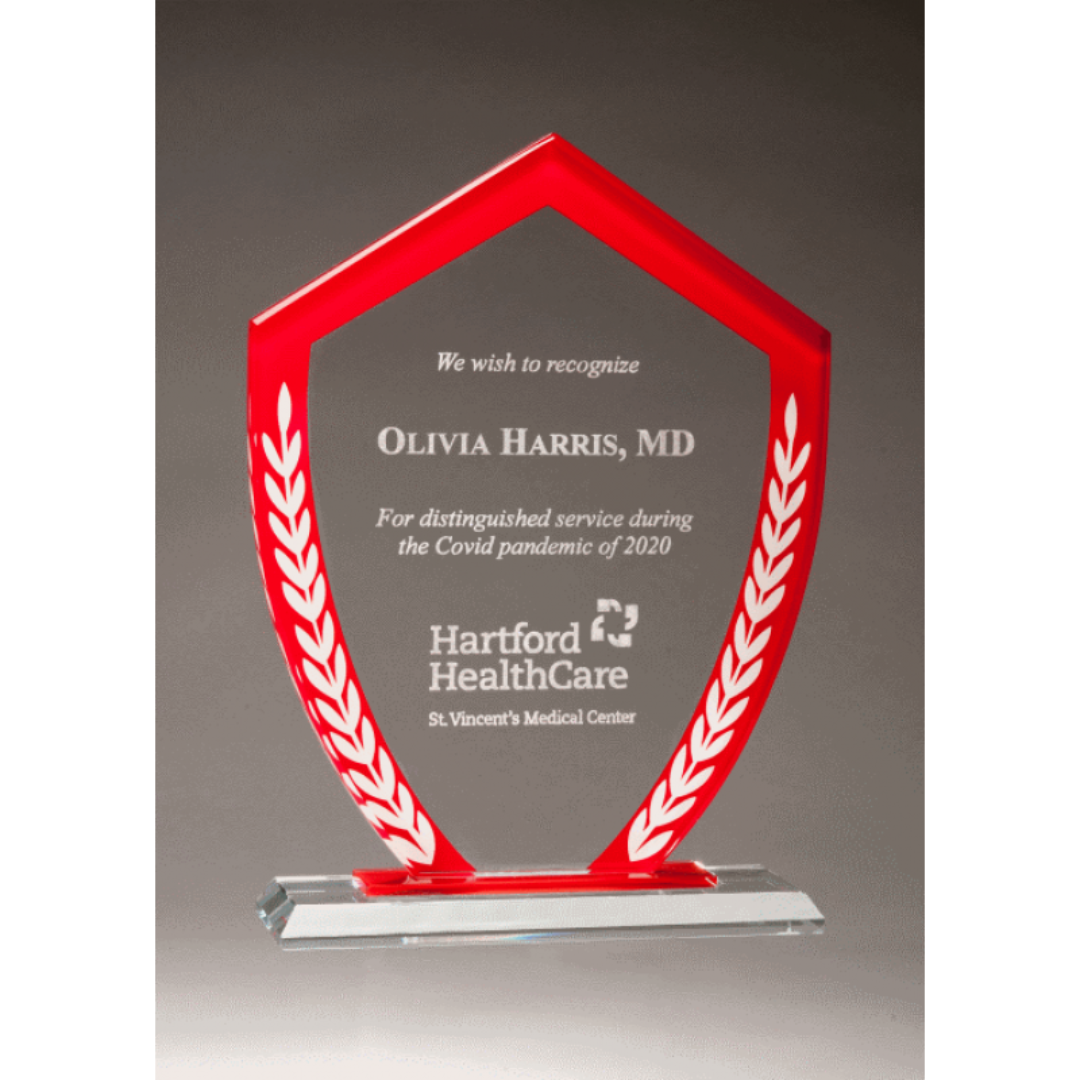 Red Shield Glass Award with Laurel Leaves Border