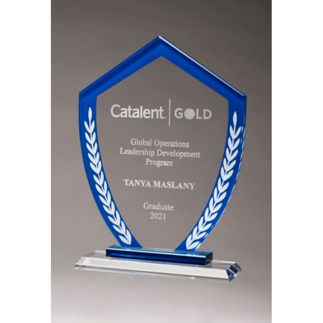 Blue Shield Glass Award with Laurel Leaves Border