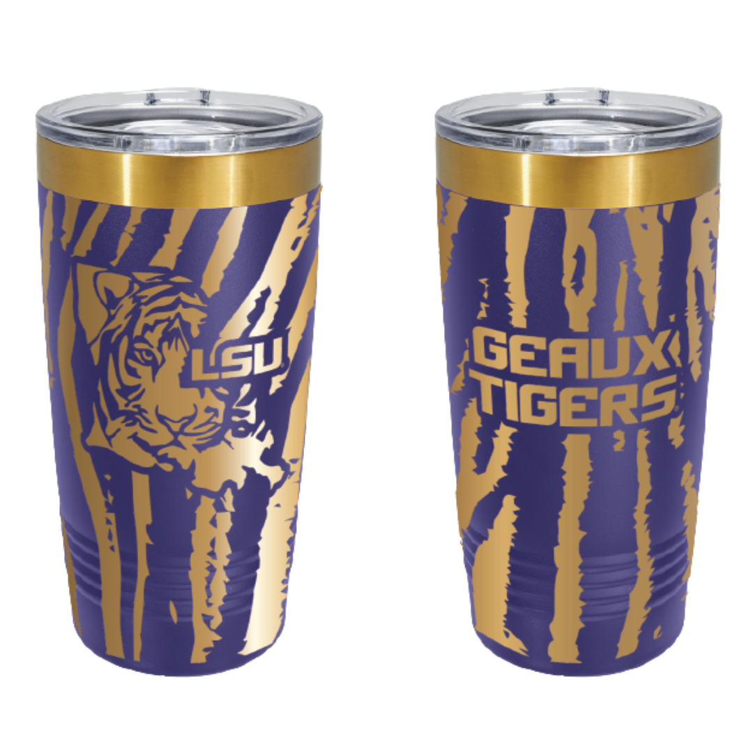 Purple/Gold Laser Engraved LSU Tiger Stripe Full Wrap Tumbler