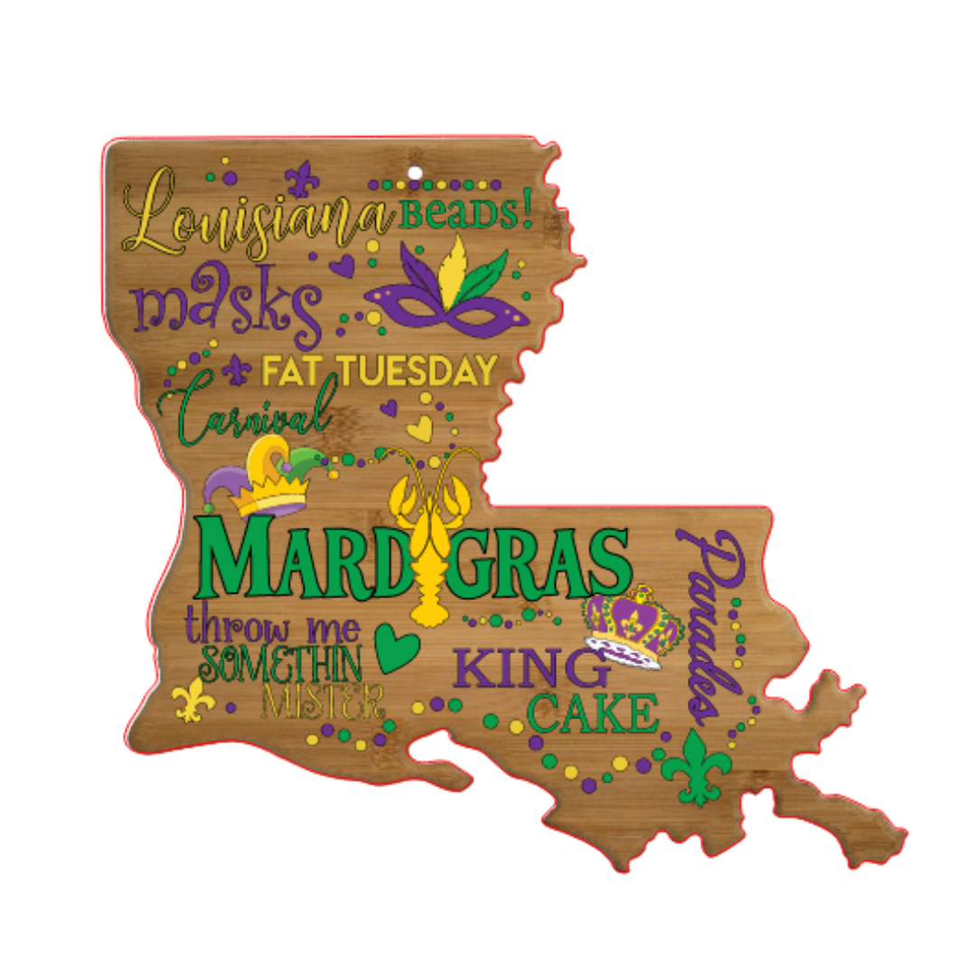Full Color Louisiana Shaped Mardi Gras Cutting Board
