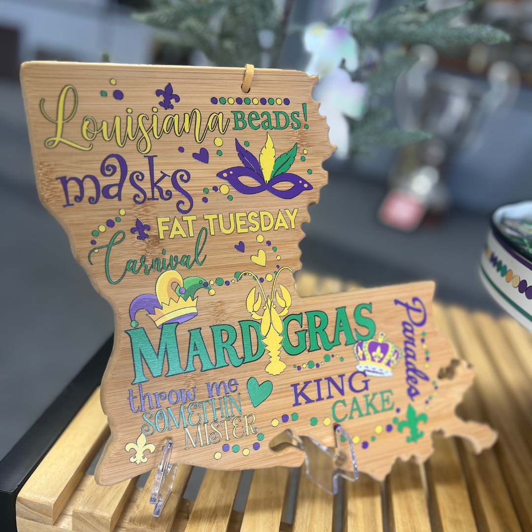 Full Color Louisiana Shaped Mardi Gras Cutting Board