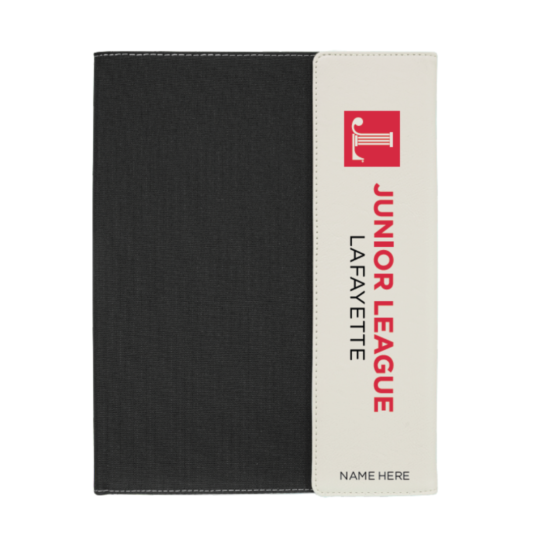 Junior League of Lafayette -9x12 White/Black Leatherette/Canvas Portfolio with JLL Icon Logo